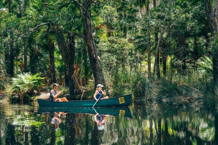 a group of men riding on the back of a boat in the forest